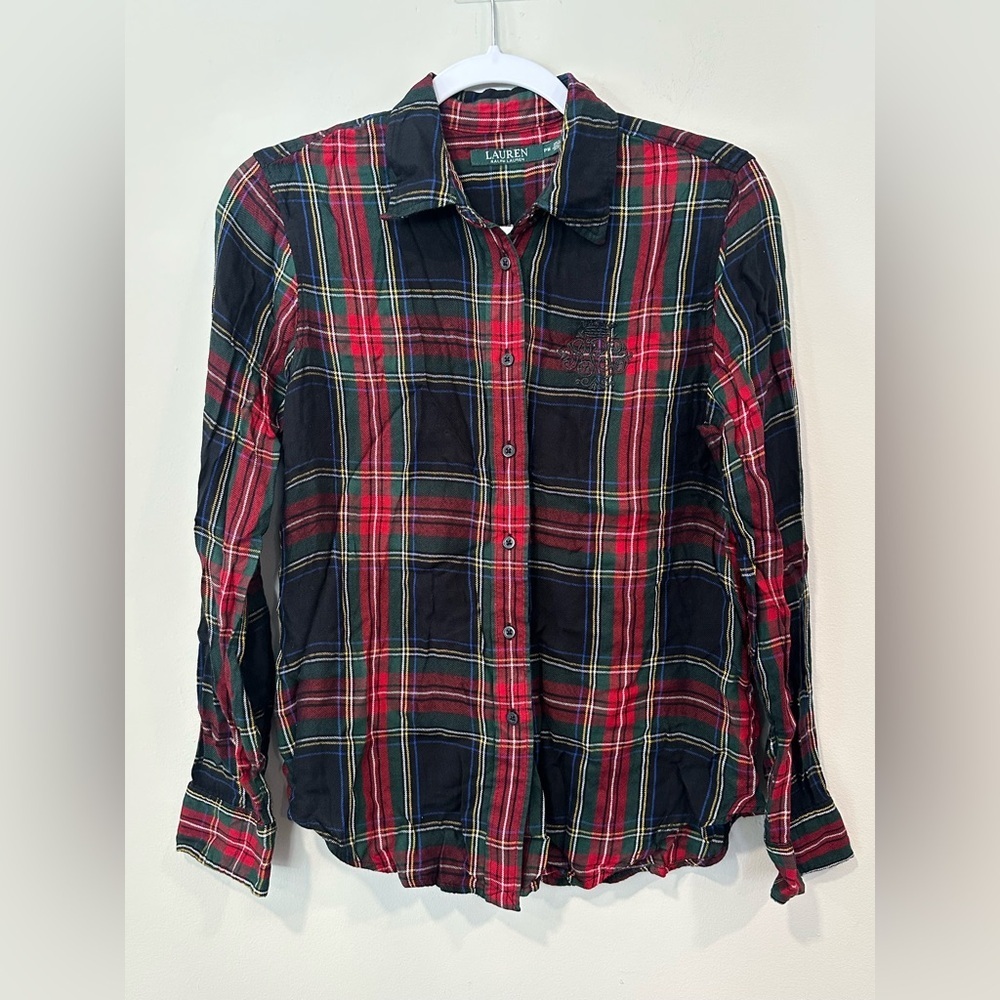 Lauren Ralph Lauren Holiday Monogrammed Flannel PJ Button Down Top Medium 2269